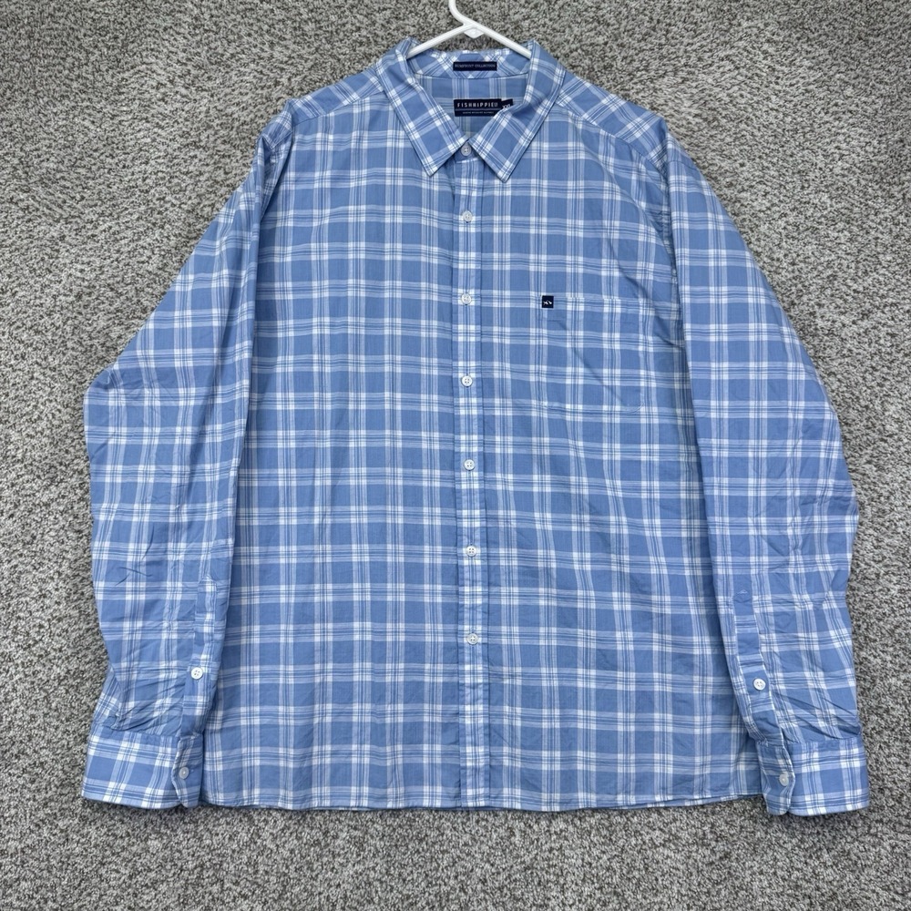 Fish Hippie Shirt Men's Size XXL 2XL Blue Plaid Rumfront Collection Button Up